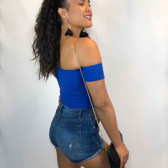 Blue Off Shoulder Crop Top - Picture 2 of 3